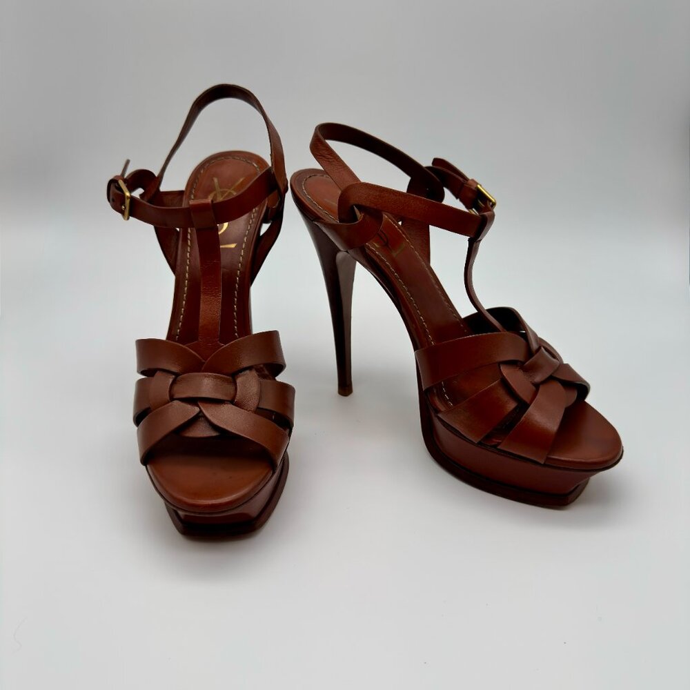 Saint Laurent YSL Tribute Brown Leather Platform Sandals Size 37 US 7 - Picture 2 of 8